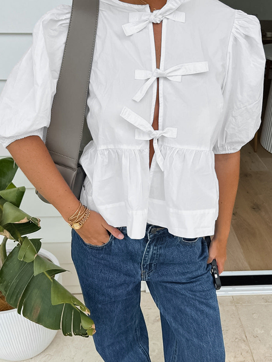 Round Neck Puff Sleeve Shirt Women Summer New Cotton Half Sleeve Lace-up Shirt Loose Cardigan Women's Clothing