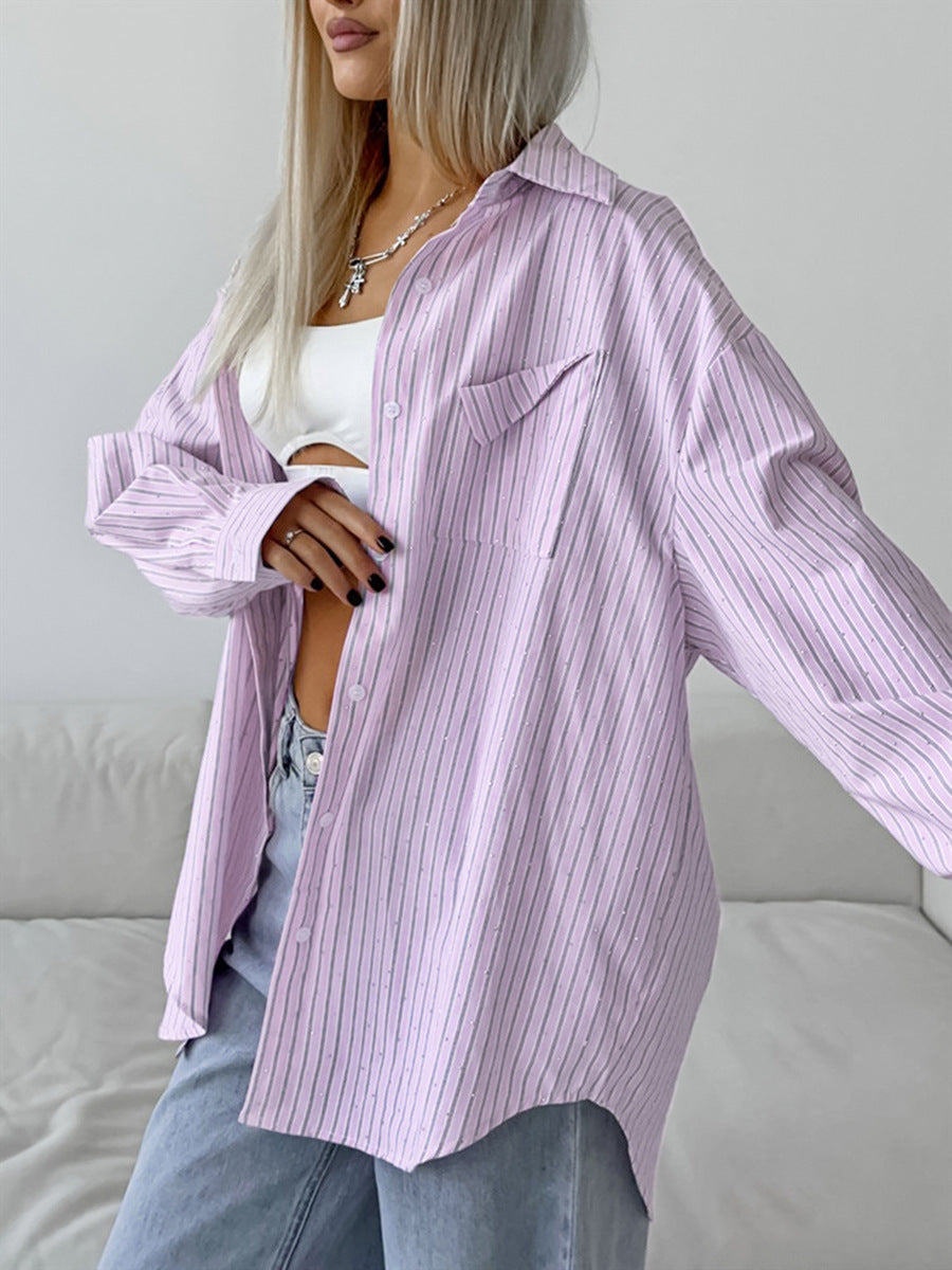 Fashion hot diamond striped shirt spring commuting cotton mid-length outerwear women's shirt design women's clothing