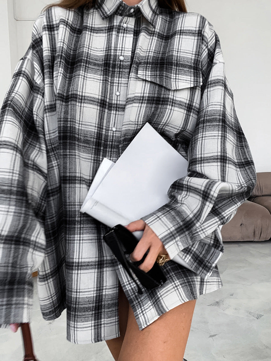 Classic black and white plaid shirt new autumn loose layered sun protection women's shirt