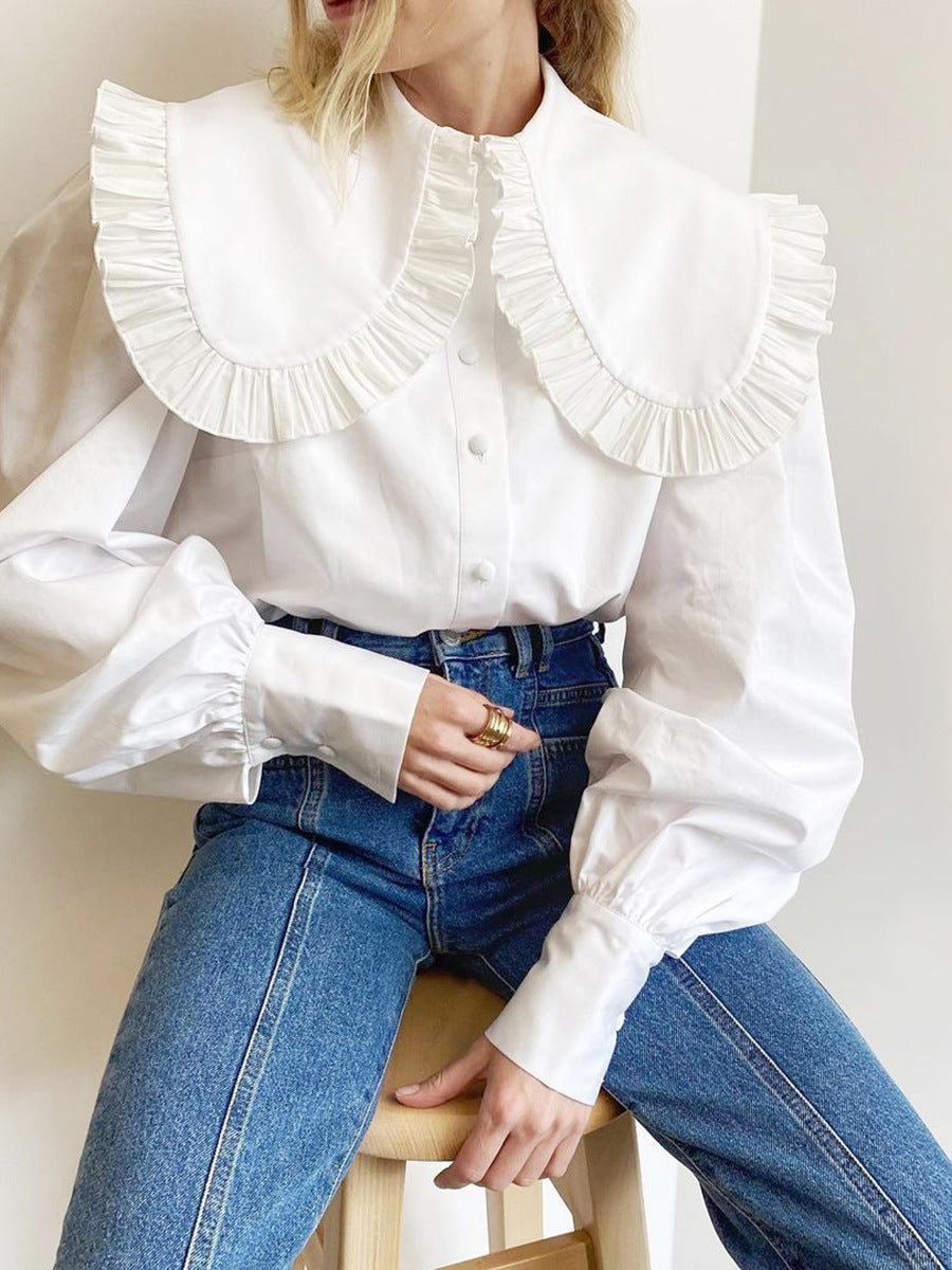 Fashionable sweet white doll collar shirt design loose ladies pure cotton cardigan long-sleeved top