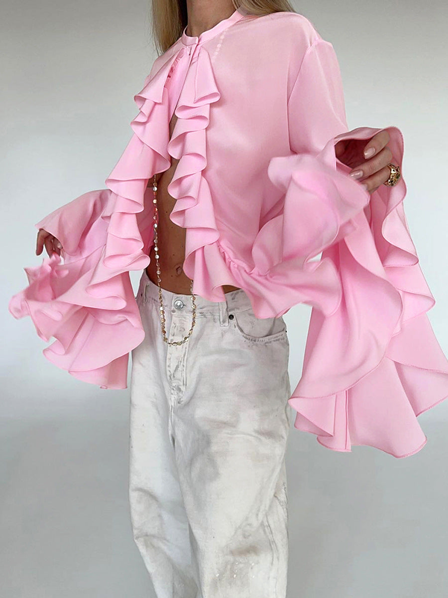 Fashion white loose ruffled shirt female summer palace style lace trumpet sleeve chiffon shirt women's clothing