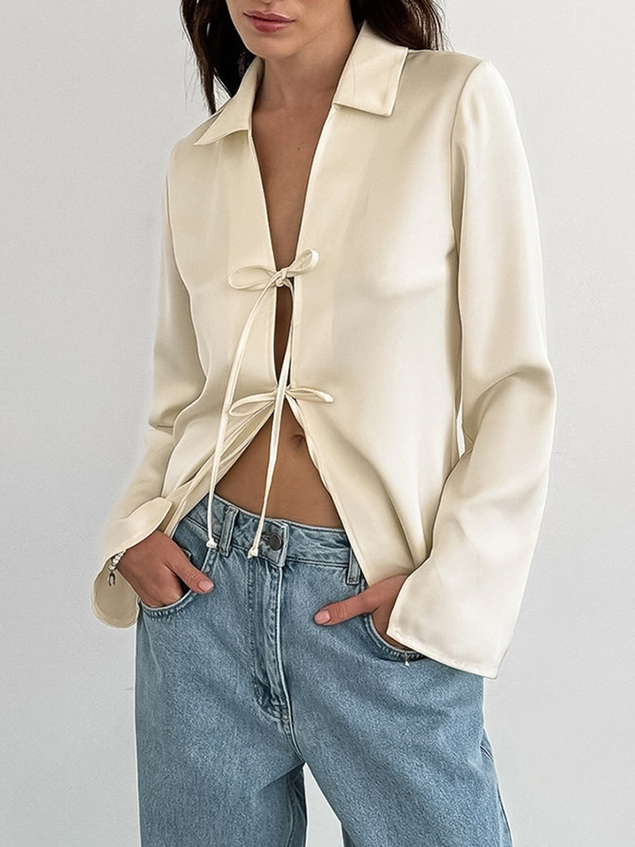 Faux Acetate Satin Lace-Up Shirt Autumn Fashion Loose Apricot Shirt Tops Women's Clothing