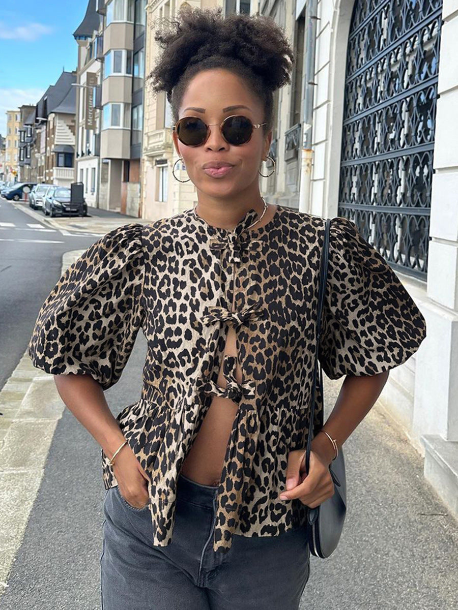 Fashion Leopard Puff Sleeve Shirt Autumn Design Loose Lace-up Shirt Women's Clothing