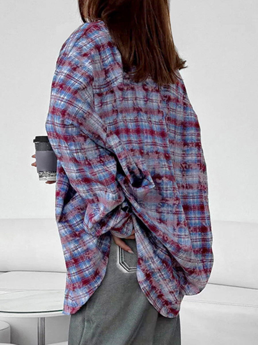 Distressed college style plaid shirt for women spring pure cotton contrast color casual shirt for women