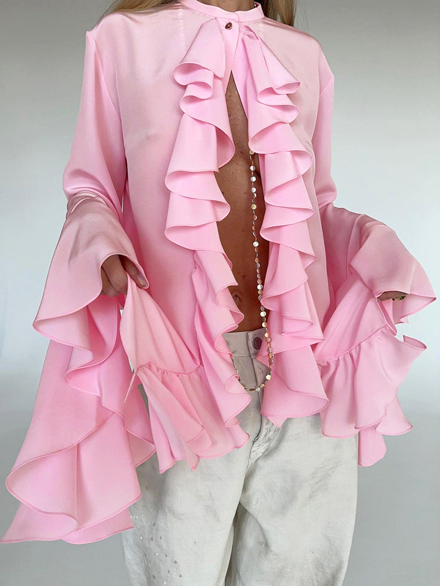 Fashion white loose ruffled shirt female summer palace style lace trumpet sleeve chiffon shirt women's clothing