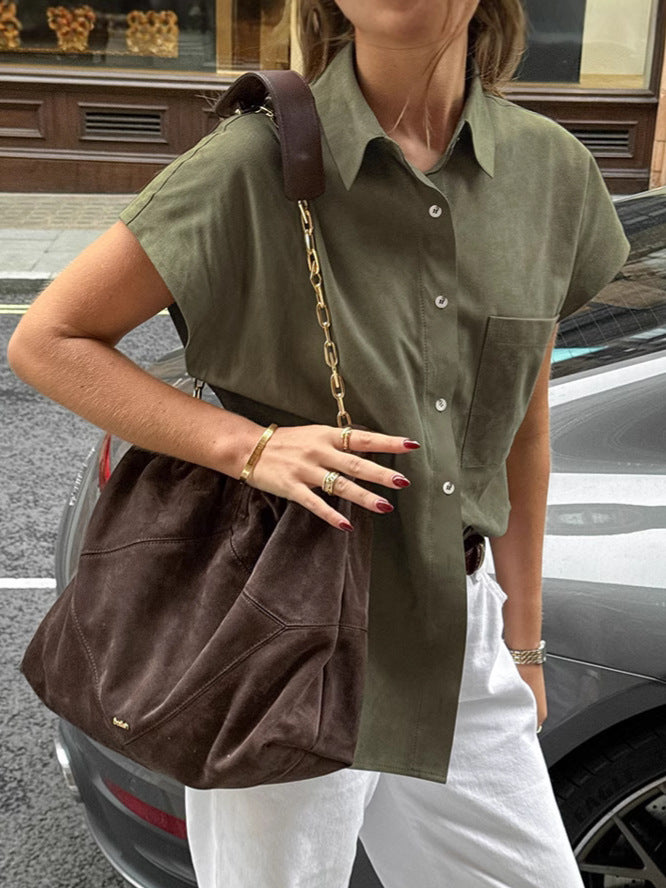 Spring and summer casual loose lapel short-sleeved shirt fashionable green mid-length tops for women