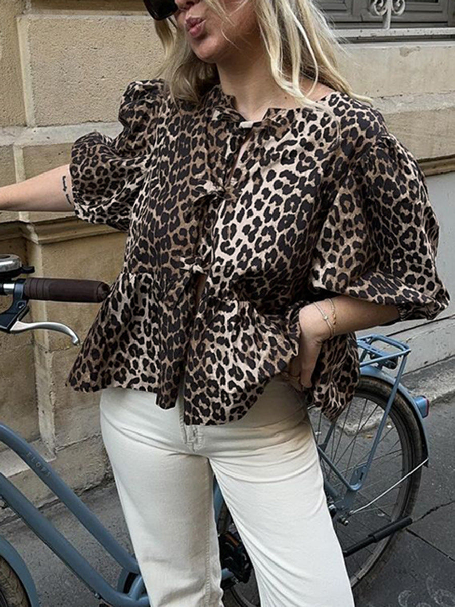 Fashion Leopard Puff Sleeve Shirt Autumn Design Loose Lace-up Shirt Women's Clothing