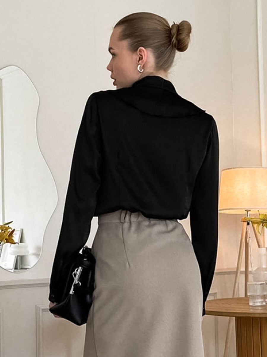 Commuter French black ruffle shirt autumn and winter fashion stand collar satin long sleeve top design women's clothing