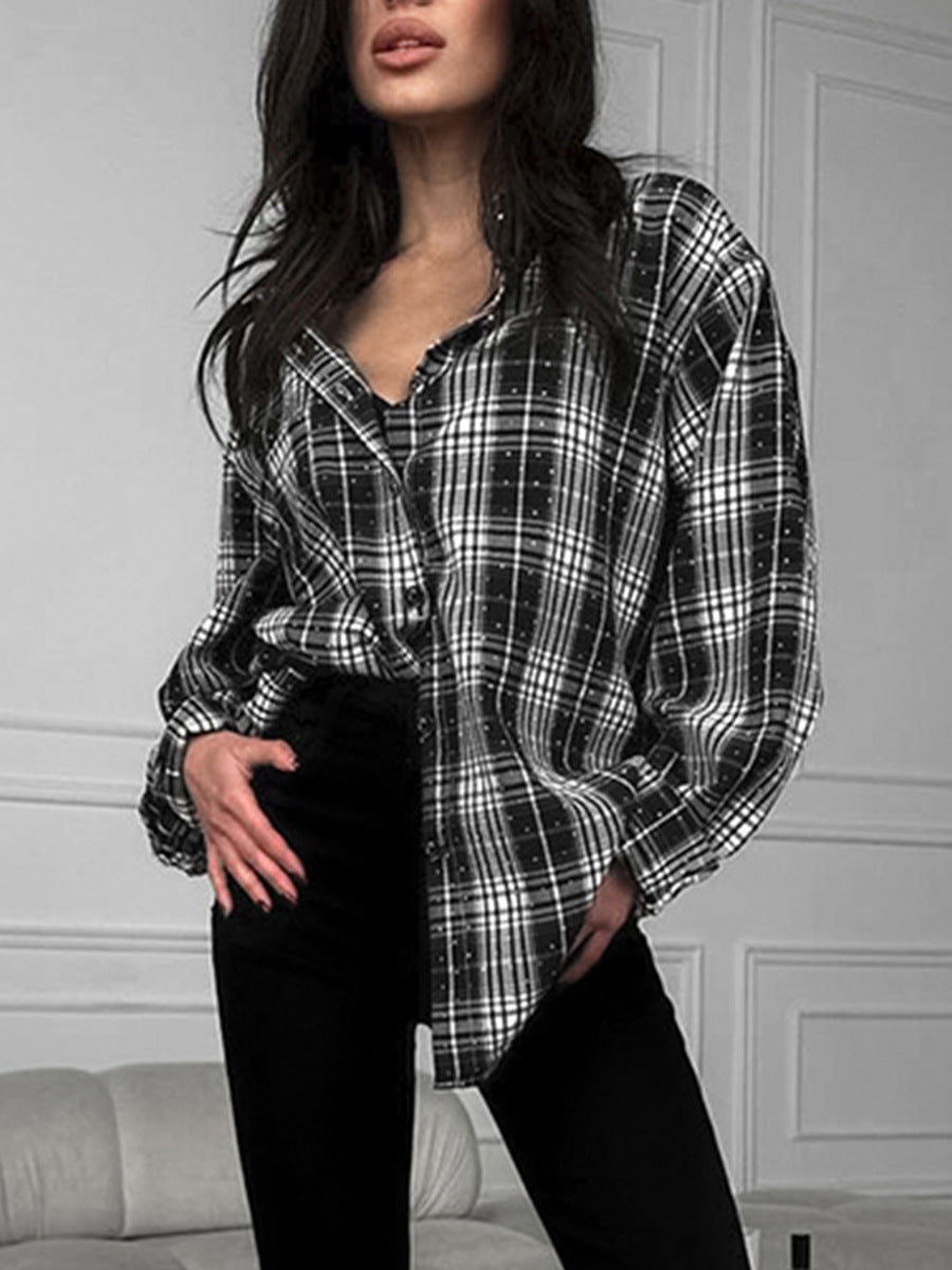Hot diamond loose plaid shirt women's retro black and white plaid shirt spring street style women's clothing