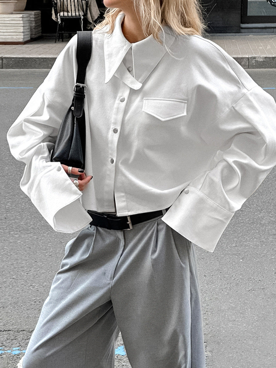 Commuter design white lapel shirt for women autumn fashion outerwear loose cotton tops professional women's clothing