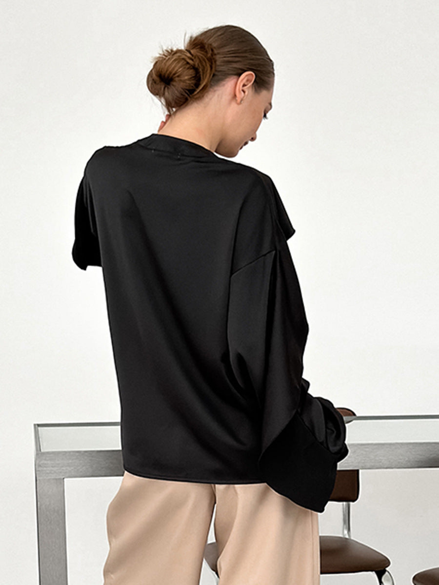 Temperament V-neck puff sleeve shirt for women autumn design splicing satin ruffled top for women