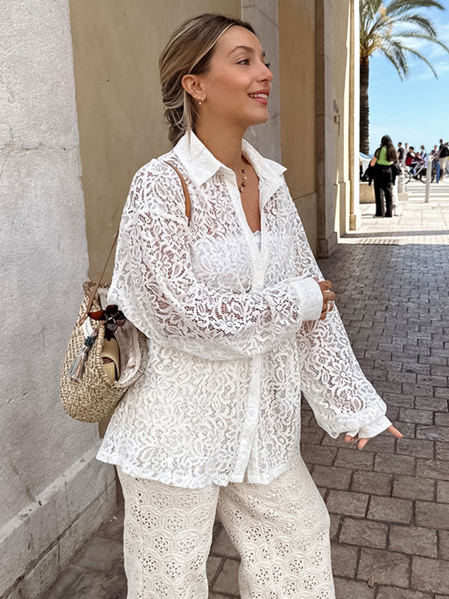 White hollow collar shirt mid-length loose outer layer long-sleeved shirt autumn women's clothing