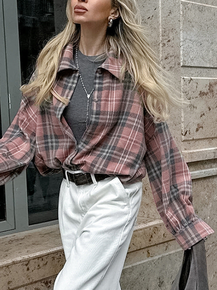 College style pink plaid shirt autumn fashion outerwear cotton women's shirt mid-length women's clothing
