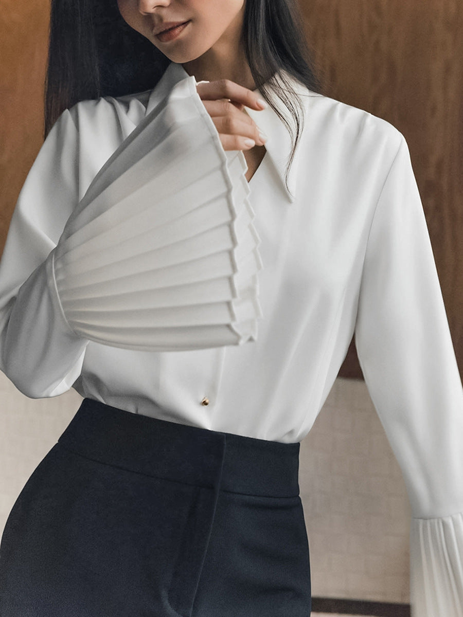 Autumn new commuter chiffon shirt women's French design ruffled long-sleeved lapel white shirt women's clothing