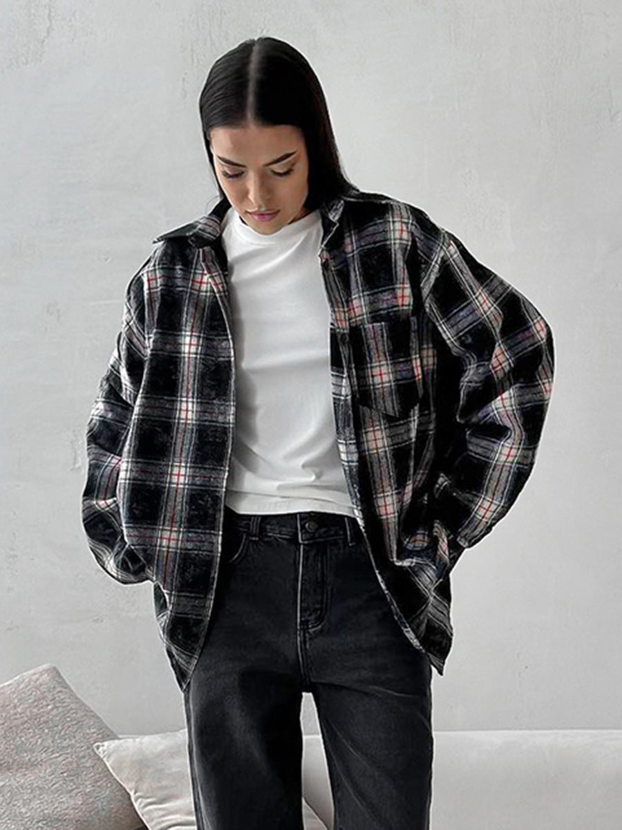 Fashion retro black distressed plaid shirt women's design pure cotton shirt autumn women's clothing