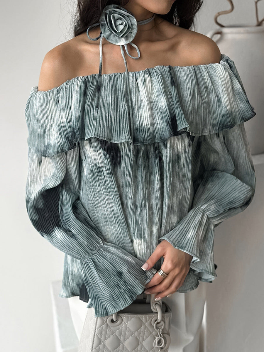 Ink-splashed Chinese style ruffled tops for spring, high-end printing and dyeing, one-shoulder flared sleeve pullover shirt for women