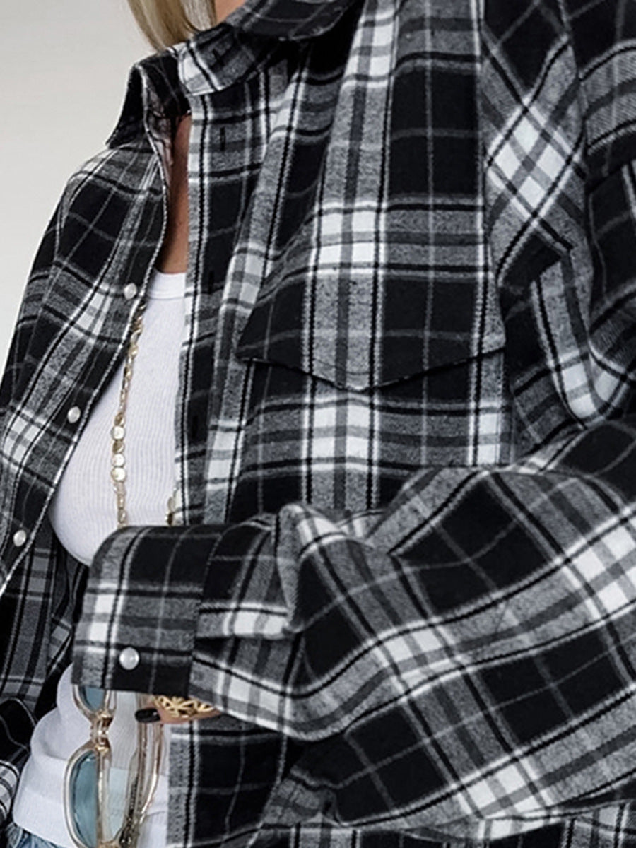 Classic black and white plaid shirt autumn new European and American loose casual outerwear women's shirt women's clothing