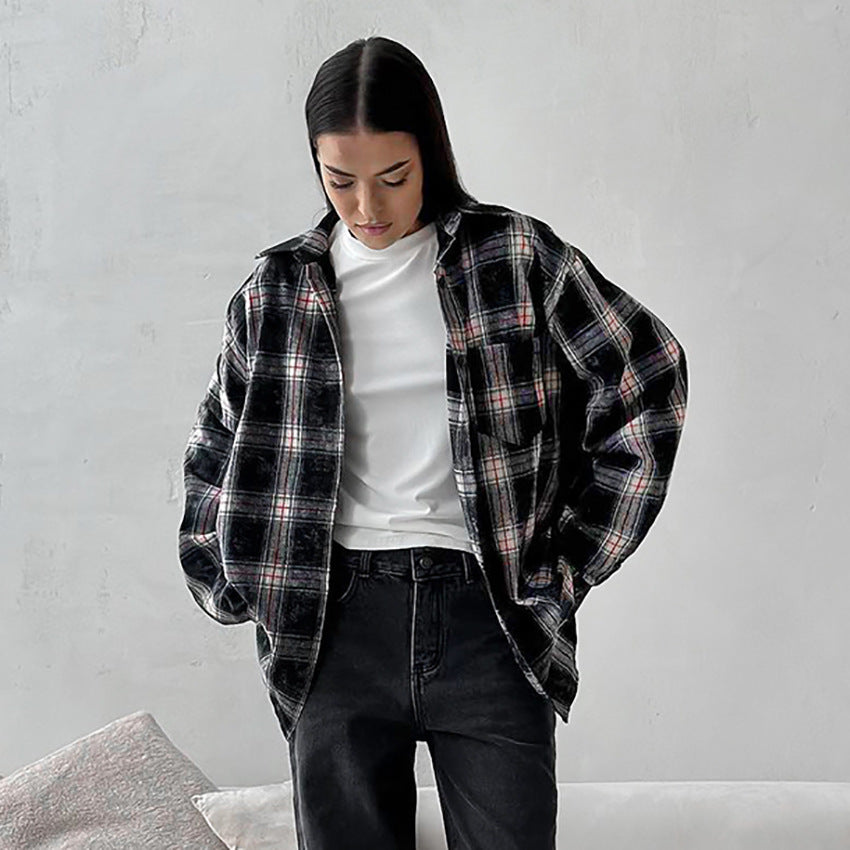Fashion retro black distressed plaid shirt women's design pure cotton shirt autumn women's clothing