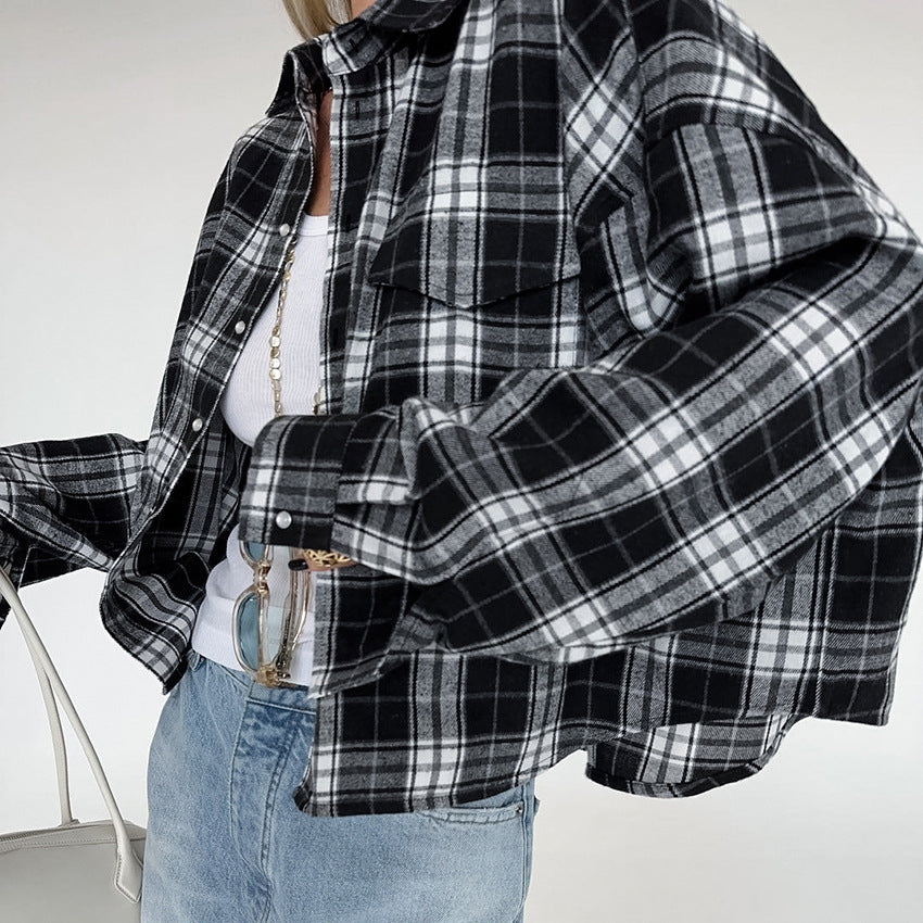 Classic black and white plaid shirt autumn new European and American loose casual outerwear women's shirt women's clothing