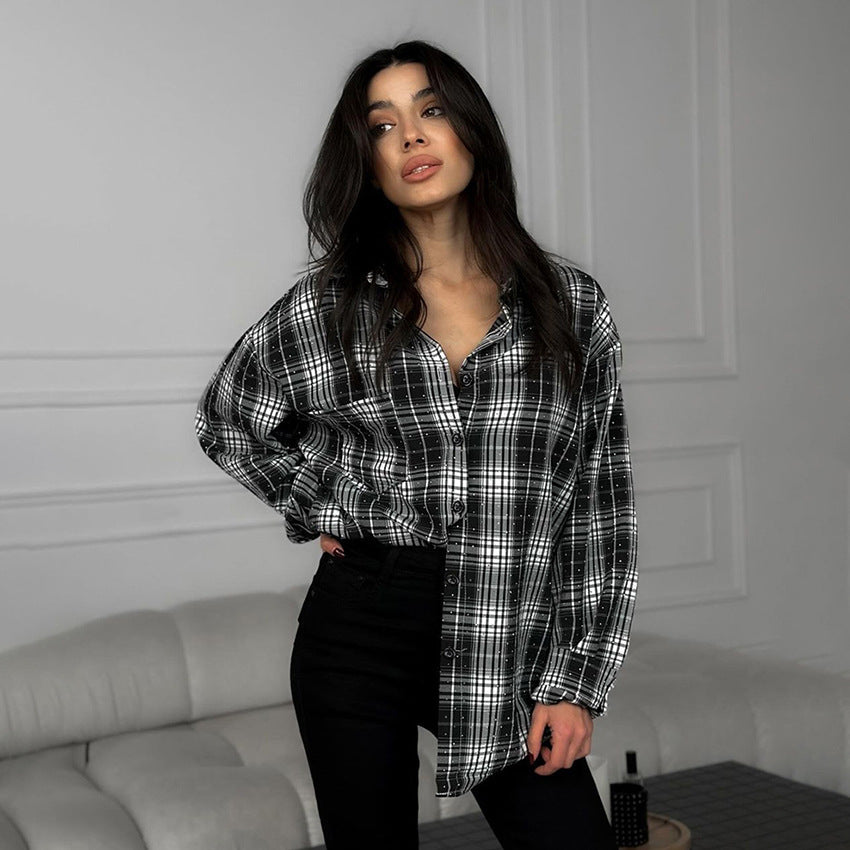 Hot diamond loose plaid shirt women's retro black and white plaid shirt spring street style women's clothing