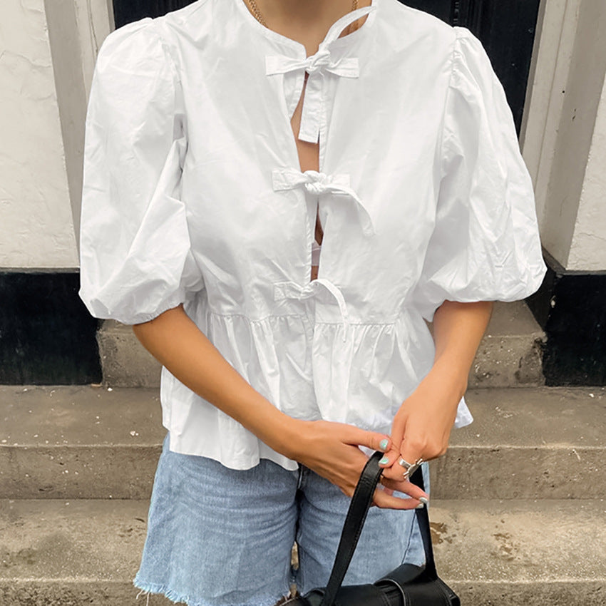 Round Neck Puff Sleeve Shirt Women Summer New Cotton Half Sleeve Lace-up Shirt Loose Cardigan Women's Clothing