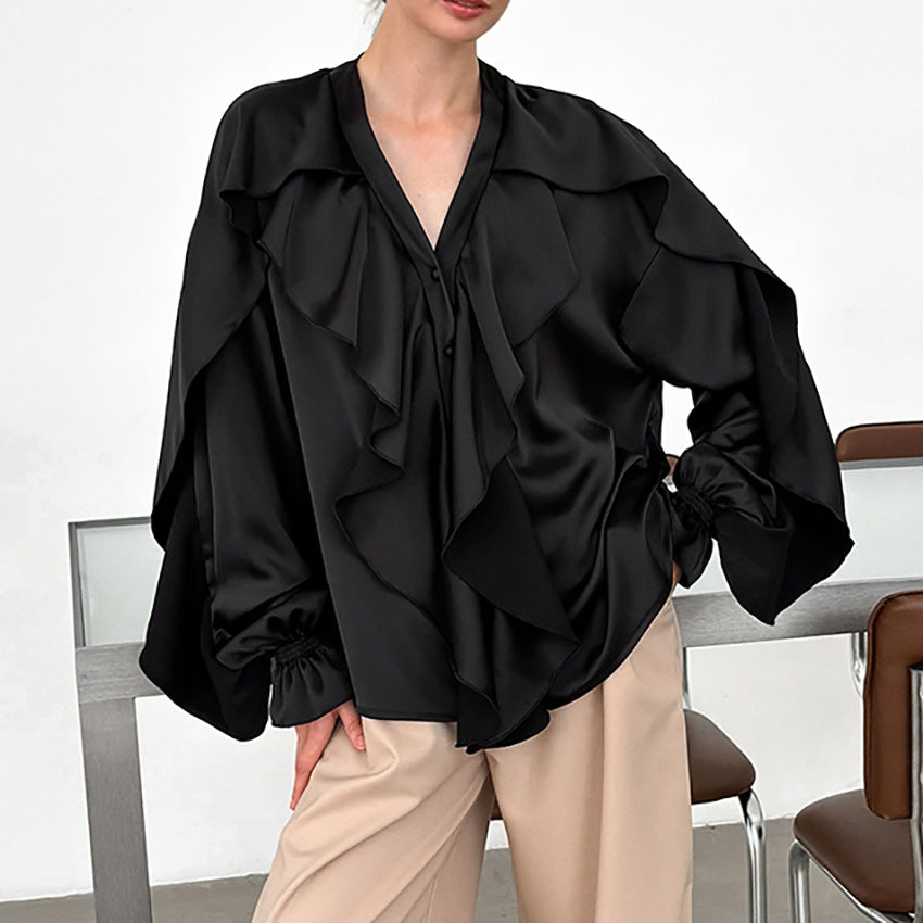 Temperament V-neck puff sleeve shirt for women autumn design splicing satin ruffled top for women