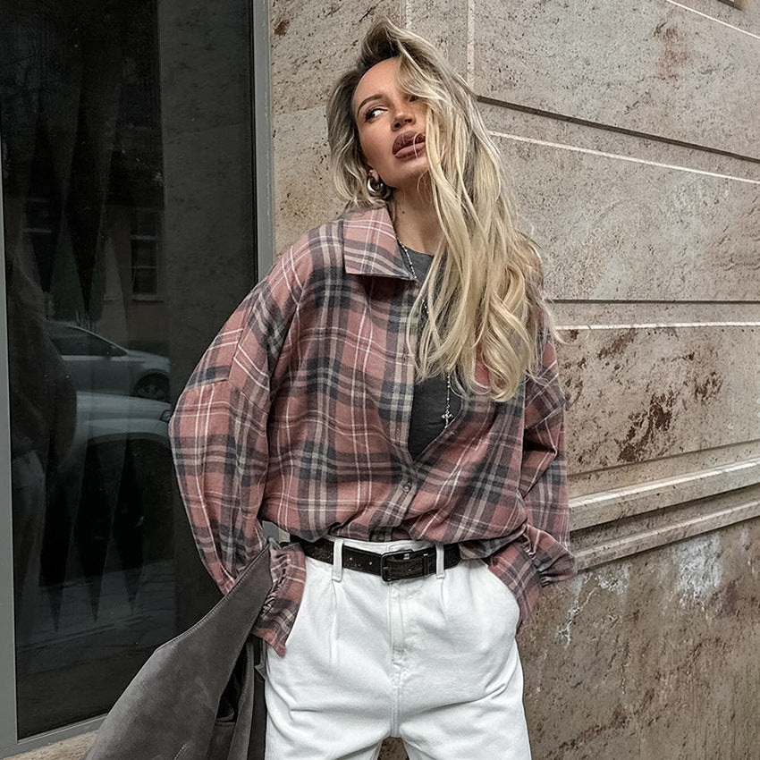 College style pink plaid shirt autumn fashion outerwear cotton women's shirt mid-length women's clothing