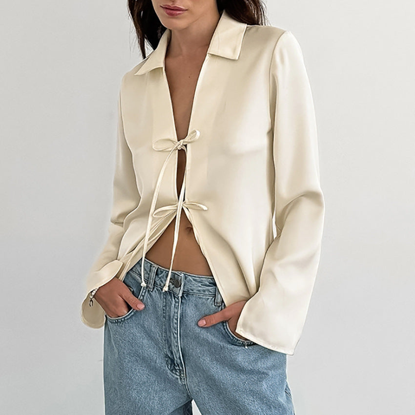 Faux Acetate Satin Lace-Up Shirt Autumn Fashion Loose Apricot Shirt Tops Women's Clothing