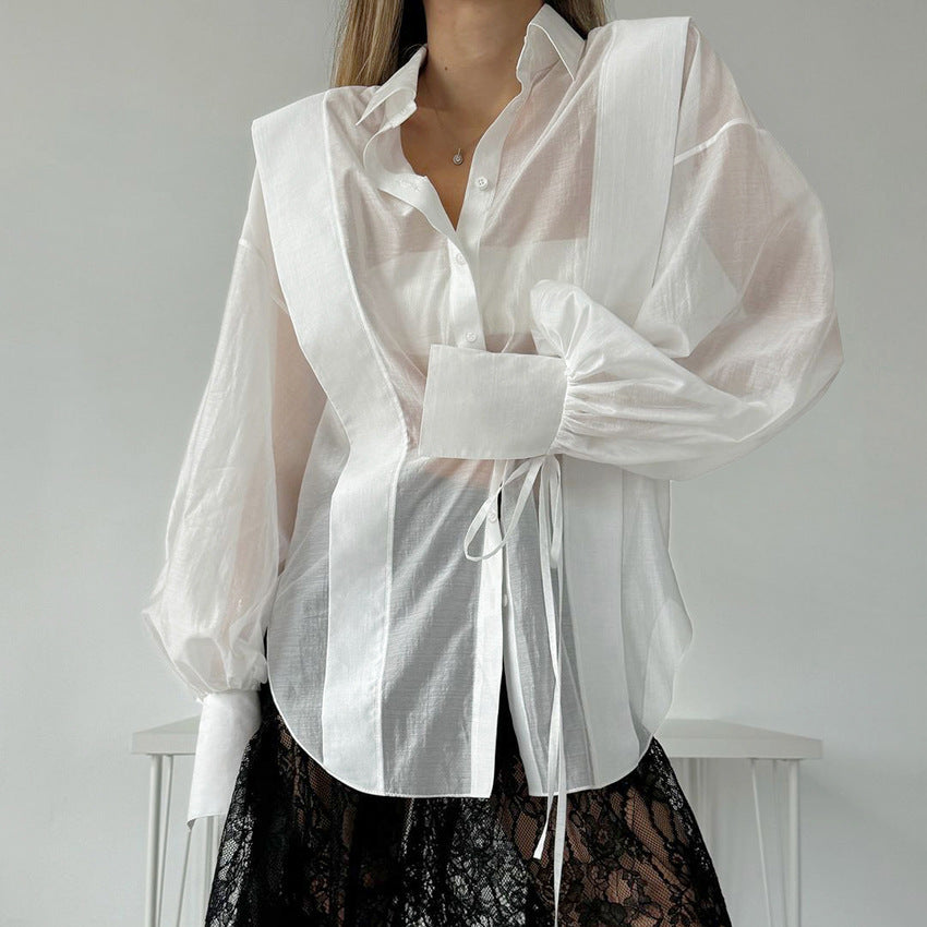 Design sense perspective Tencel shirt women's autumn niche outer wear loose white shirt long-sleeved top