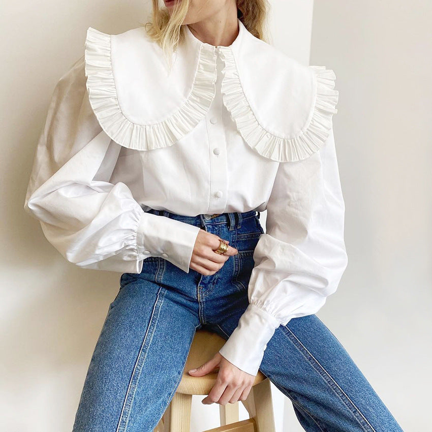 Fashionable sweet white doll collar shirt design loose ladies pure cotton cardigan long-sleeved top