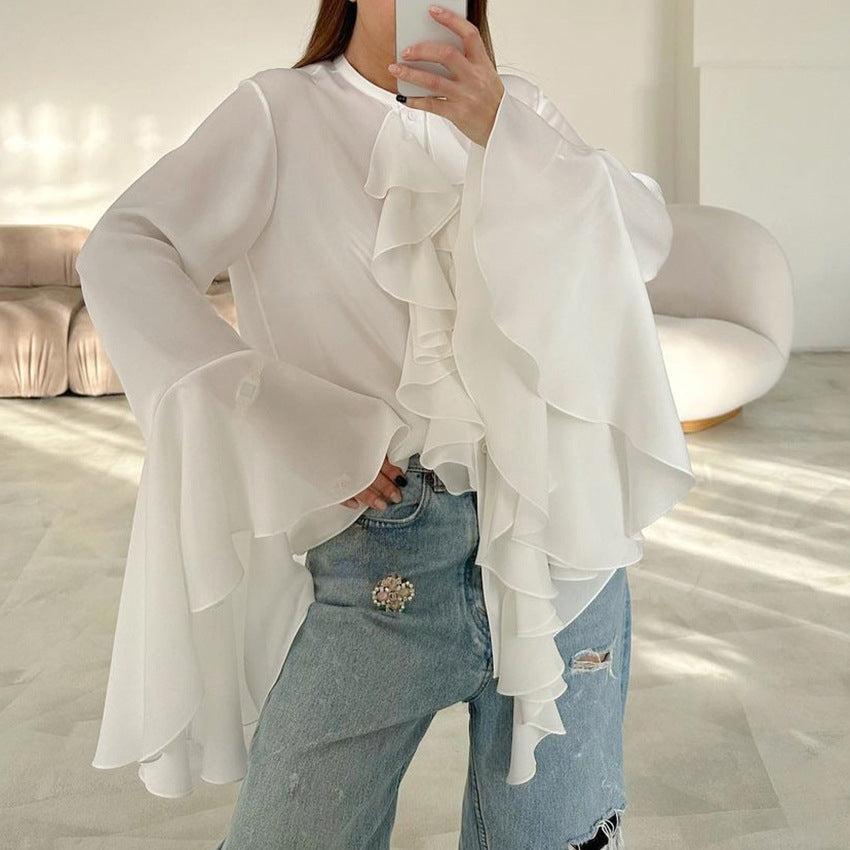 Fashion white loose ruffled shirt female summer palace style lace trumpet sleeve chiffon shirt women's clothing