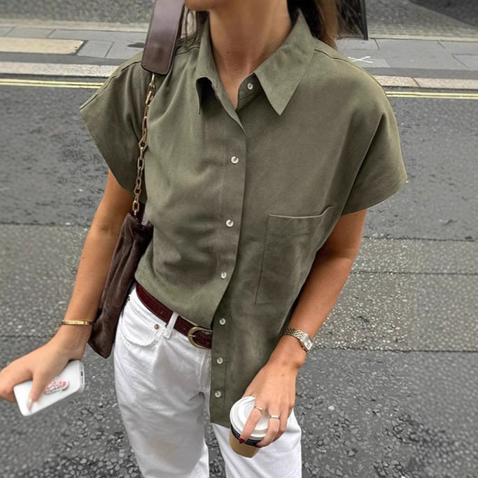 Spring and summer casual loose lapel short-sleeved shirt fashionable green mid-length tops for women