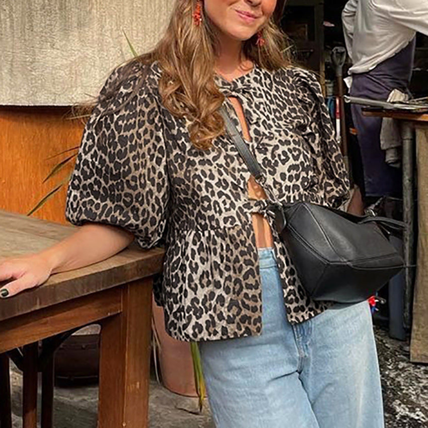 Fashion Leopard Puff Sleeve Shirt Autumn Design Loose Lace-up Shirt Women's Clothing