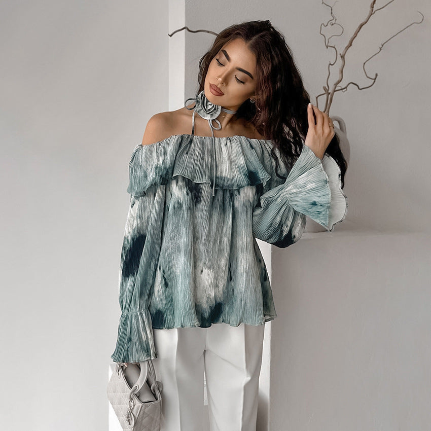 Ink-splashed Chinese style ruffled tops for spring, high-end printing and dyeing, one-shoulder flared sleeve pullover shirt for women