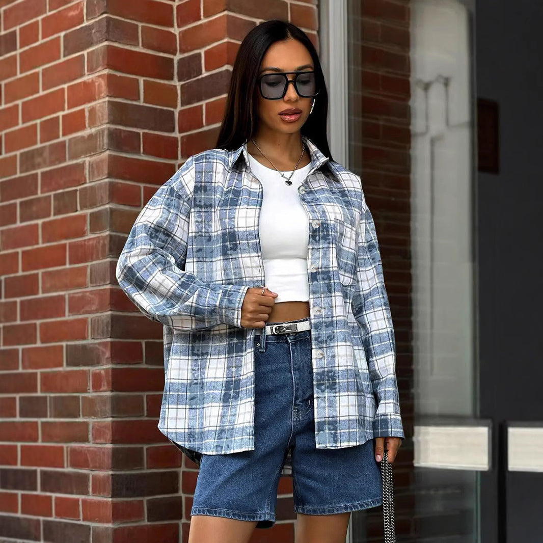 Retro washed distressed plaid shirt for women autumn and winter polyester-cotton shirt street style women's clothing