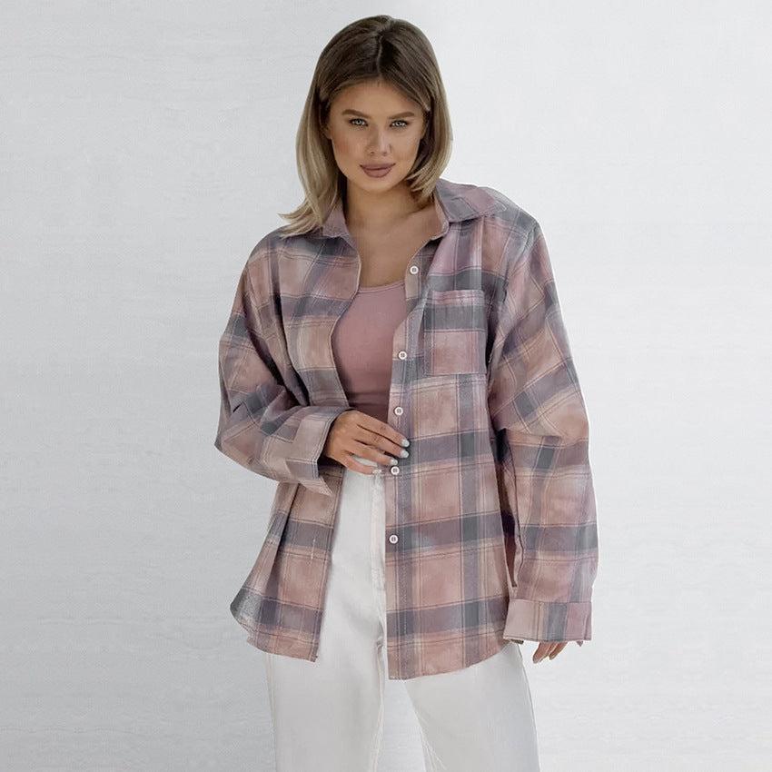 Fashionable old plaid shirt autumn new lazy style medium and long outer wear pure cotton plaid shirt