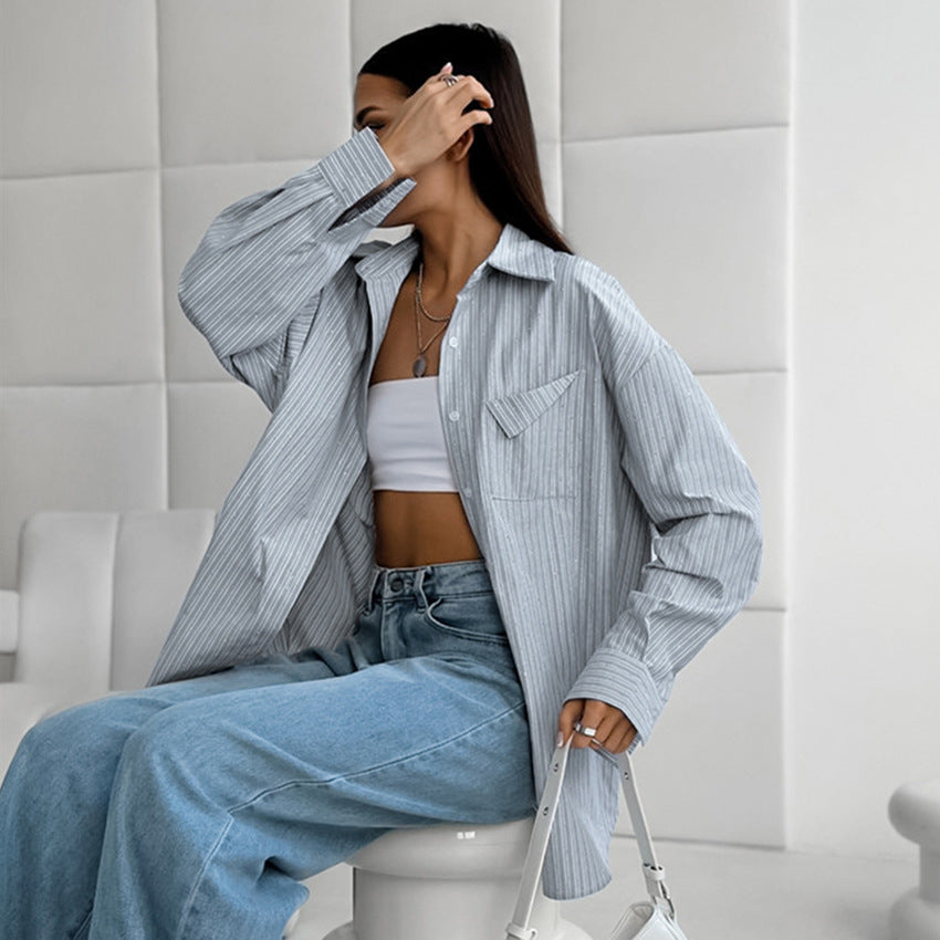 Fashion hot diamond striped shirt spring commuting cotton mid-length outerwear women's shirt design women's clothing