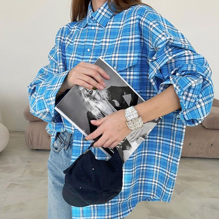 Blue plaid shirt women's design loose shirt autumn new women's clothing
