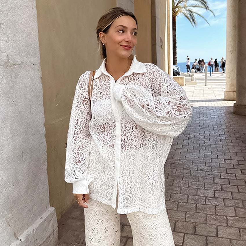 White hollow collar shirt mid-length loose outer layer long-sleeved shirt autumn women's clothing