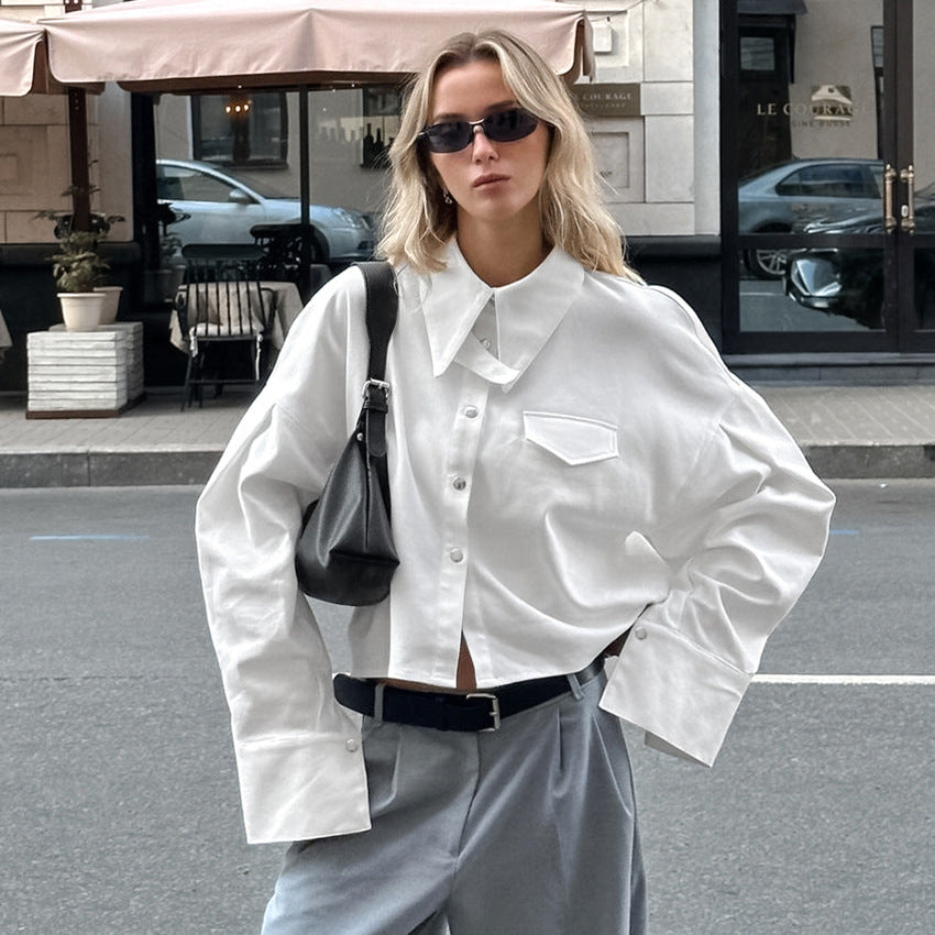 Commuter design white lapel shirt for women autumn fashion outerwear loose cotton tops professional women's clothing
