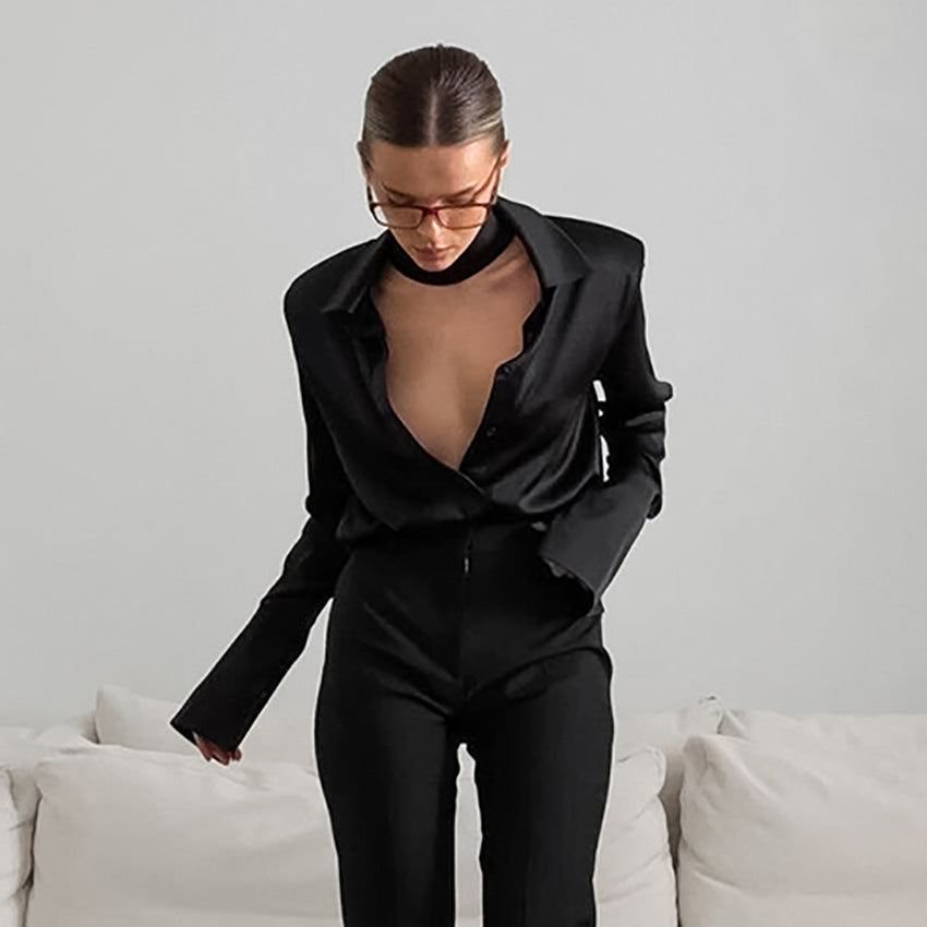 Champagne French satin shirt for women Spring temperament professional inner wear women's shirt satin tops for women