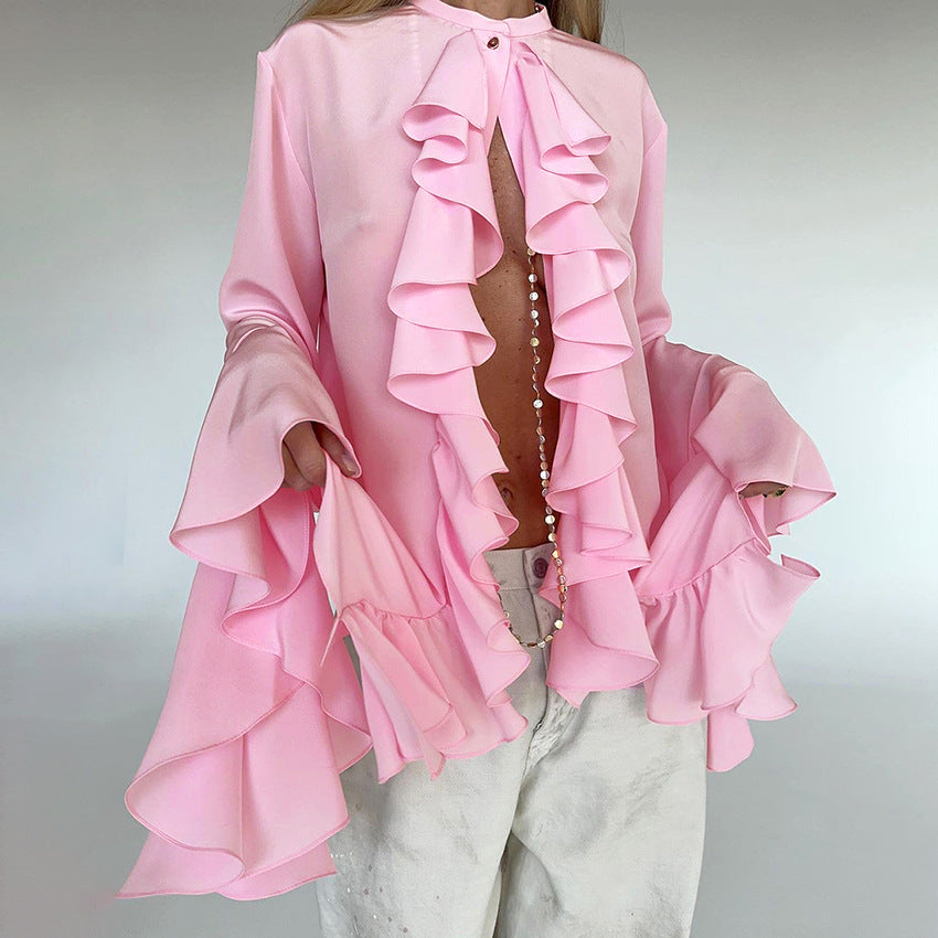 Fashion white loose ruffled shirt female summer palace style lace trumpet sleeve chiffon shirt women's clothing
