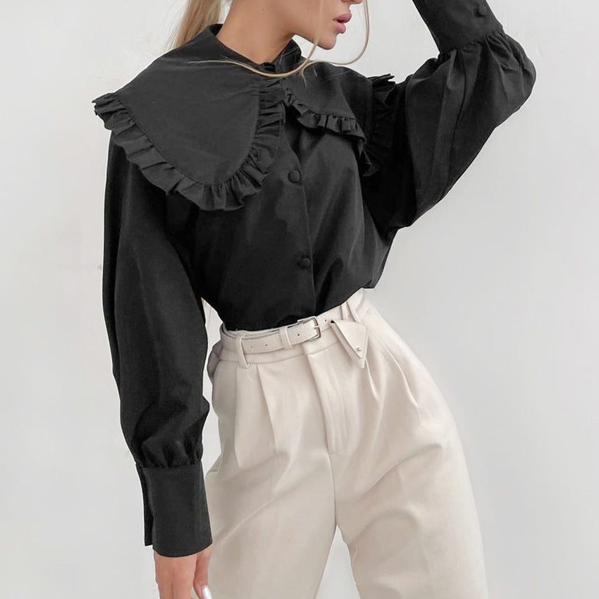 Fashionable sweet white doll collar shirt design loose ladies pure cotton cardigan long-sleeved top