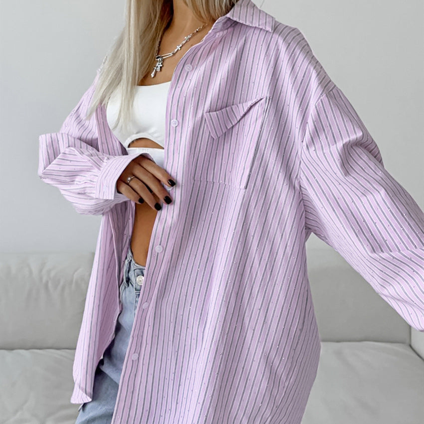 Fashion hot diamond striped shirt spring commuting cotton mid-length outerwear women's shirt design women's clothing