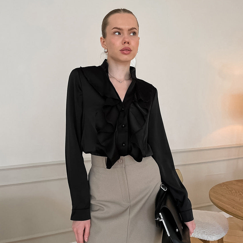 Commuter French black ruffle shirt autumn and winter fashion stand collar satin long sleeve top design women's clothing