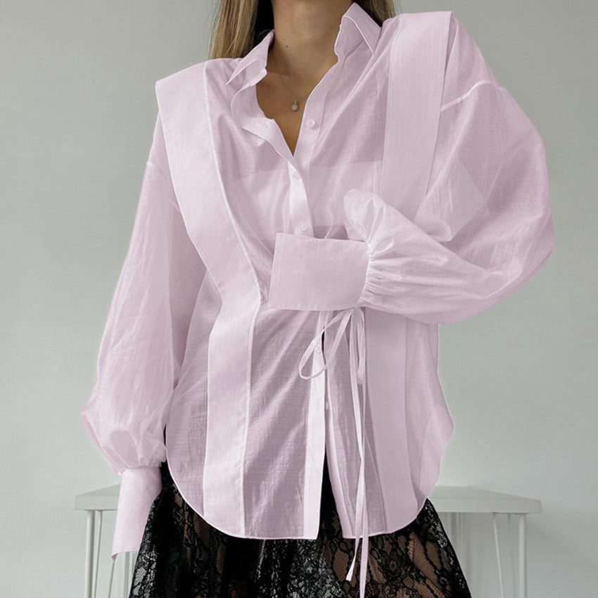 Design sense perspective Tencel shirt women's autumn niche outer wear loose white shirt long-sleeved top
