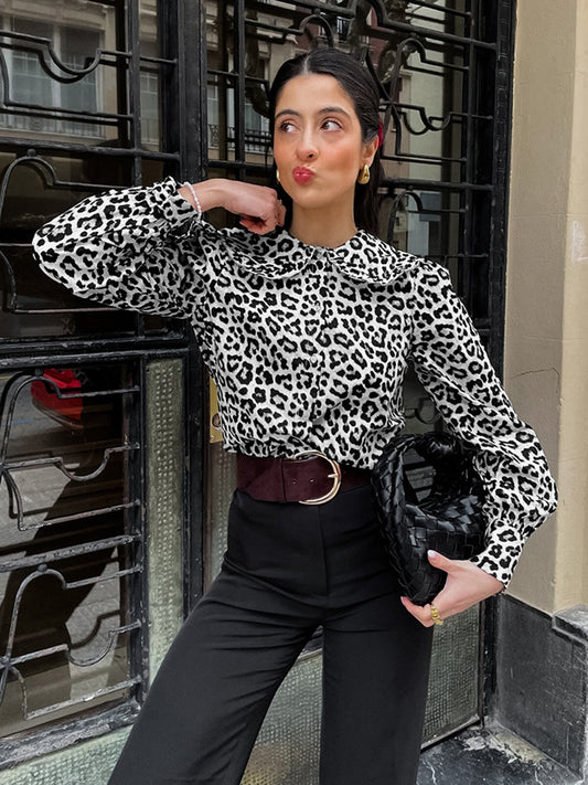 Autumn new fashion doll collar leopard print shirt women's new commuting inner wear long-sleeved shirt women's clothing