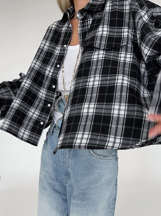 Classic black and white plaid shirt autumn new European and American loose casual outerwear women's shirt women's clothing