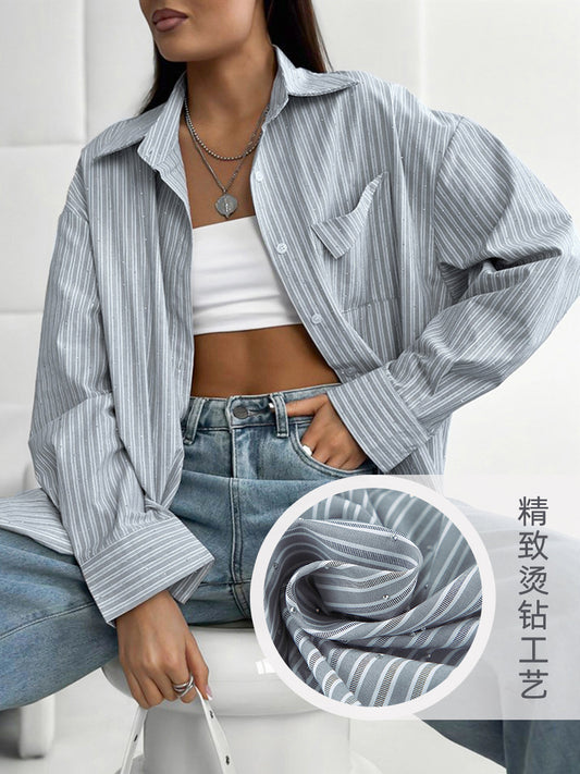 Fashion hot diamond striped shirt spring commuting cotton mid-length outerwear women's shirt design women's clothing