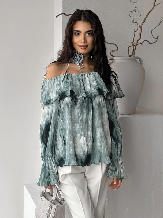 Ink-splashed Chinese style ruffled tops for spring, high-end printing and dyeing, one-shoulder flared sleeve pullover shirt for women
